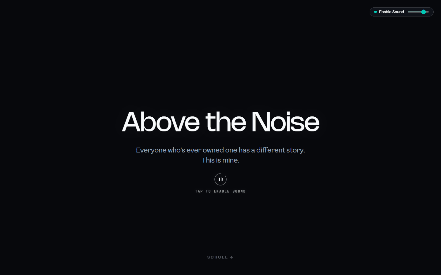 Above the Noise opening scrollytelling title screen with phosphor terminal typography and ambient atmosphere