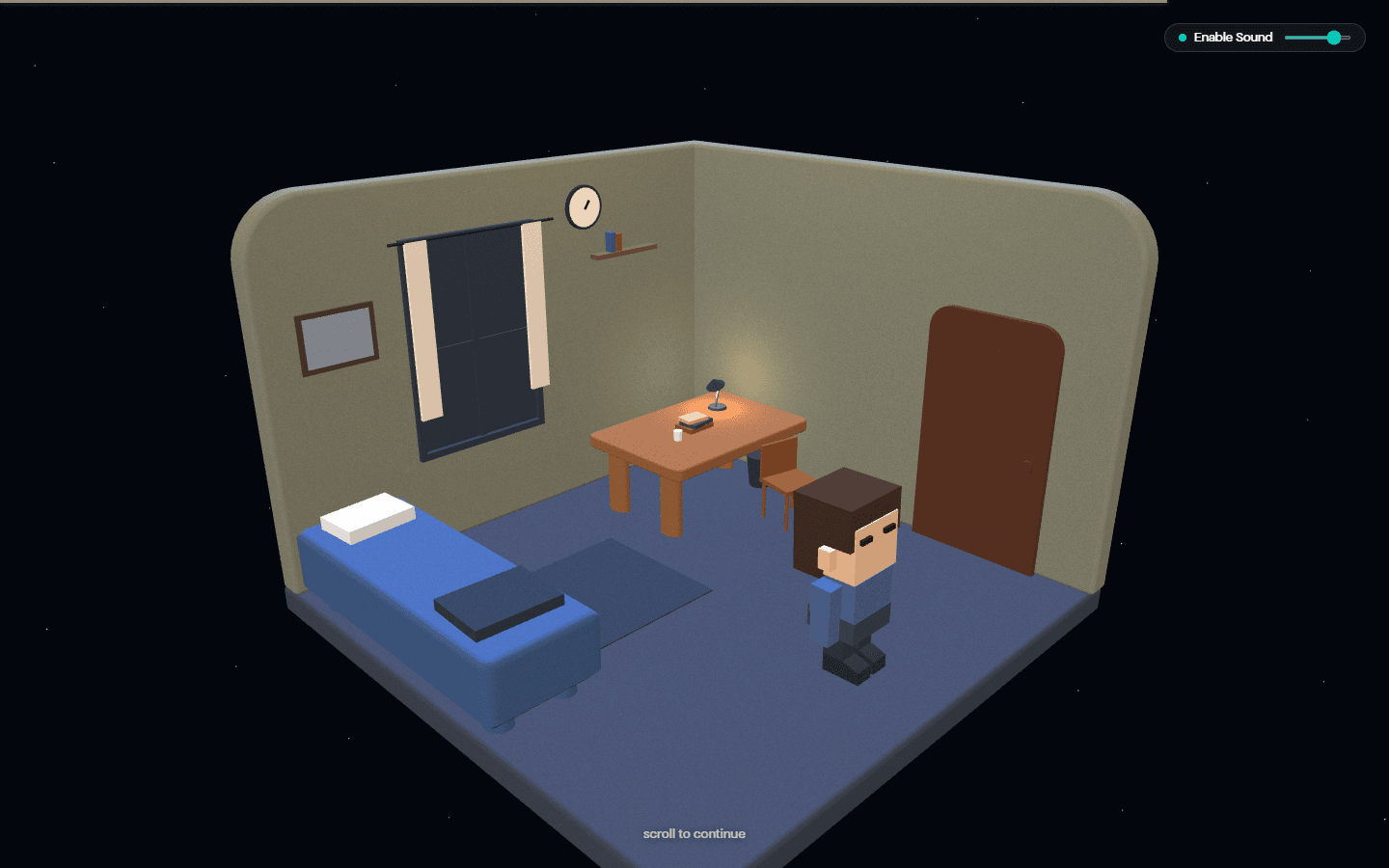 Scene 2: The room interior with personal objects and machine glow