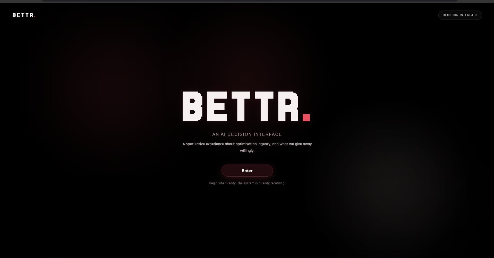 BETTR landing screen in browser, live server running on localhost