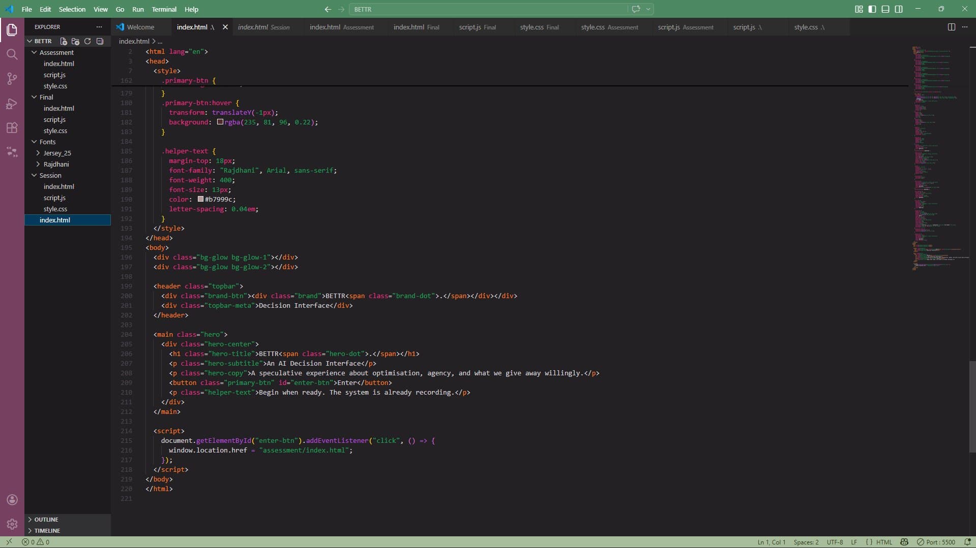 VS Code project structure showing HTML, CSS, and JS files across stages
