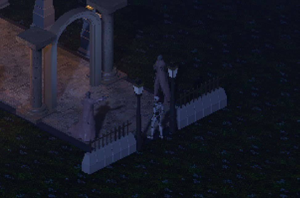 A courtyard archway and gate near the mansion, with a figure standing beside a lamp post
