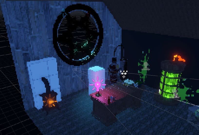 A dim, improvised laboratory space inside the mansion, lit by a glowing green containment tube and a candle