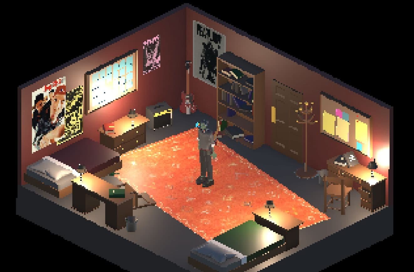 Isometric render of Adam's bedroom: warm rug, band posters, guitar and amp by the bed, the game's opening space
