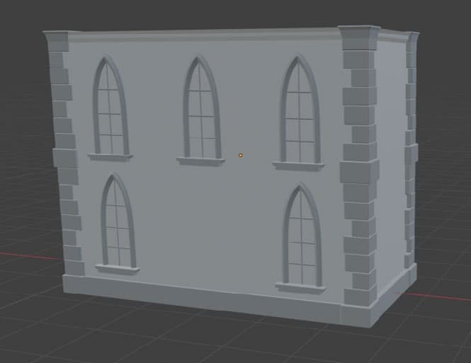 A single gothic wall module with arched windows, modelled in Blender
