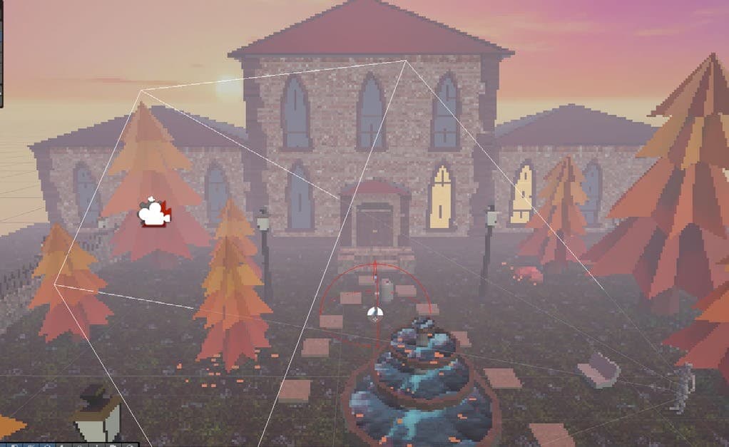 The mansion grounds in the Unity editor, fountain and gate visible, with a spatial trigger volume marked