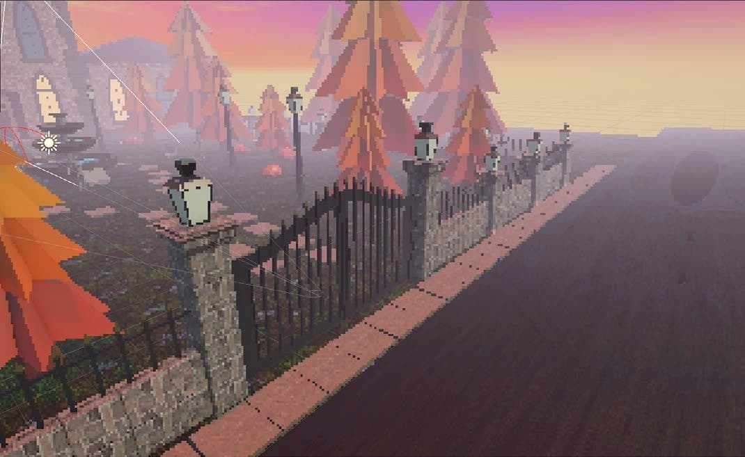 The mansion at dusk, seen through its front gate, in Act 3