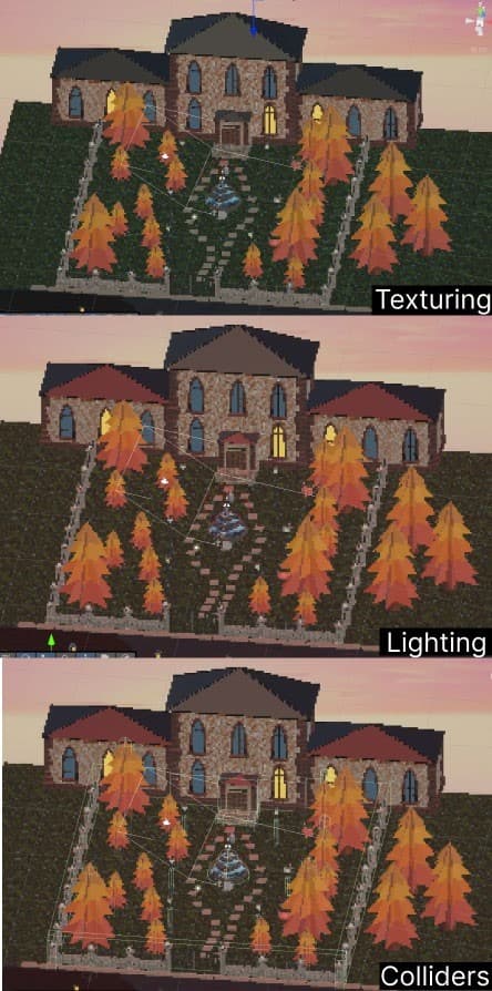 Three-stage build progression of the mansion exterior: texturing, lighting, and colliders