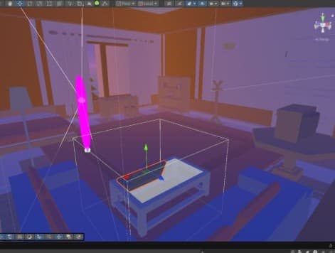 Unity Scene view of the room, warm light against cool furniture, a trigger volume marked in magenta