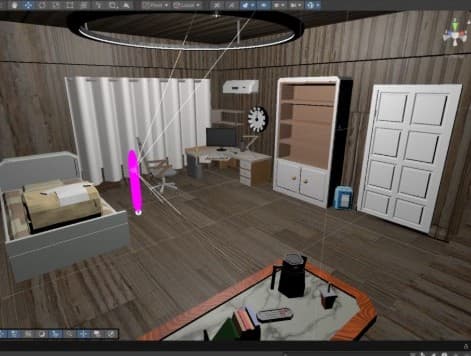 Unity Scene view of the room, gizmos on, showing the phone's trigger volume as a magenta capsule