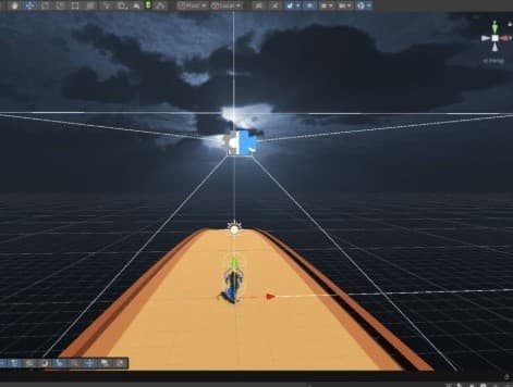 Unity Scene view of the runner track, lanes stretching ahead under a storm-lit sky, the player character mid-run